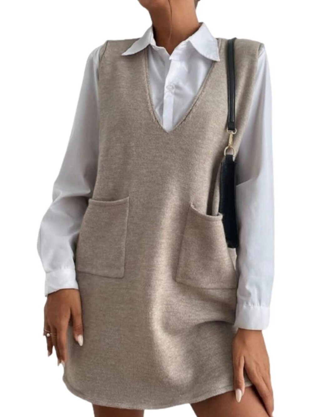 Sweater Dress Women Medium Taupe Knit V Neck Sleeveless Pockets Minimalist